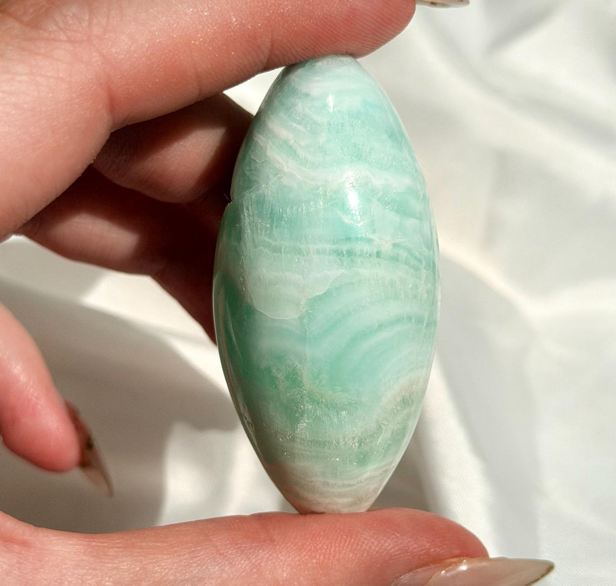 Caribbean Calcite Palm Stone | Caribbean Calcite Egg | Polished Egg Stone | Worry Stone | Blue Calcite Lingham
