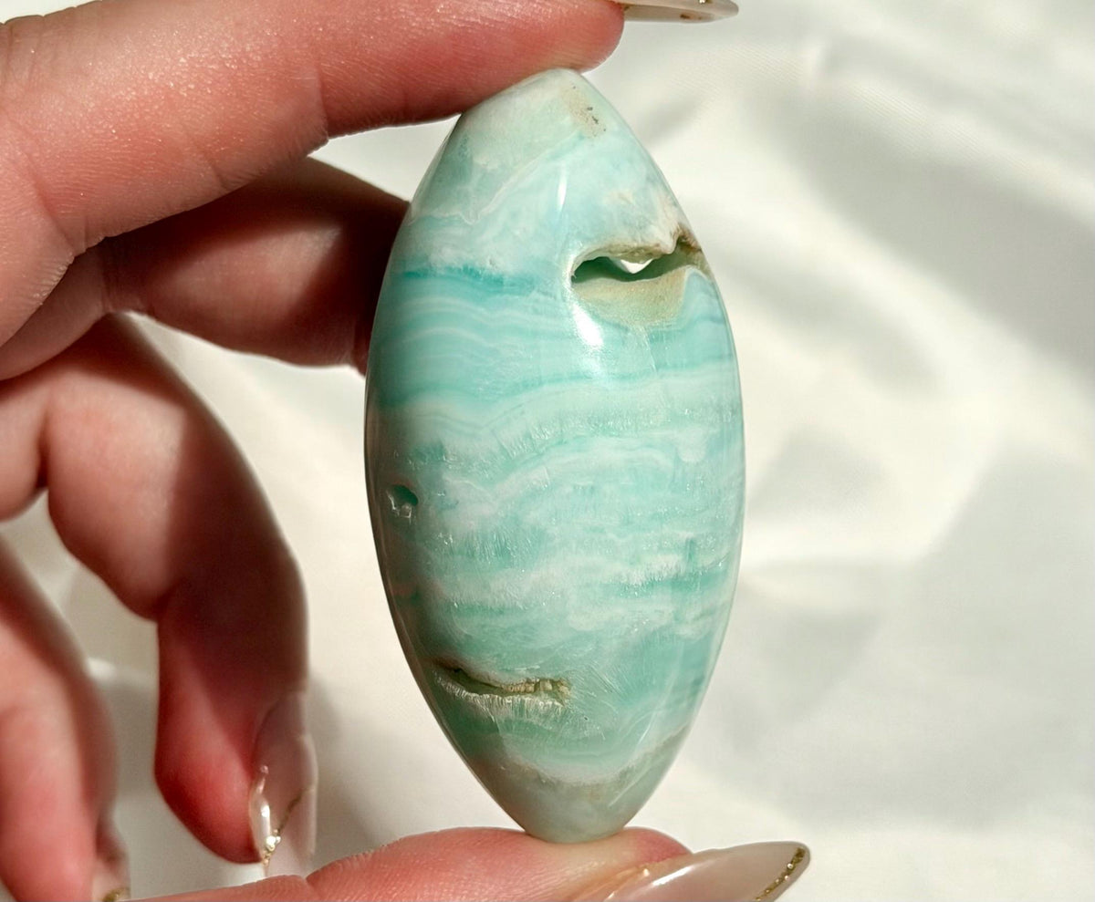 Caribbean Calcite Palm Stone | Caribbean Calcite Egg | Polished Egg Stone | Worry Stone | Blue Calcite Lingham