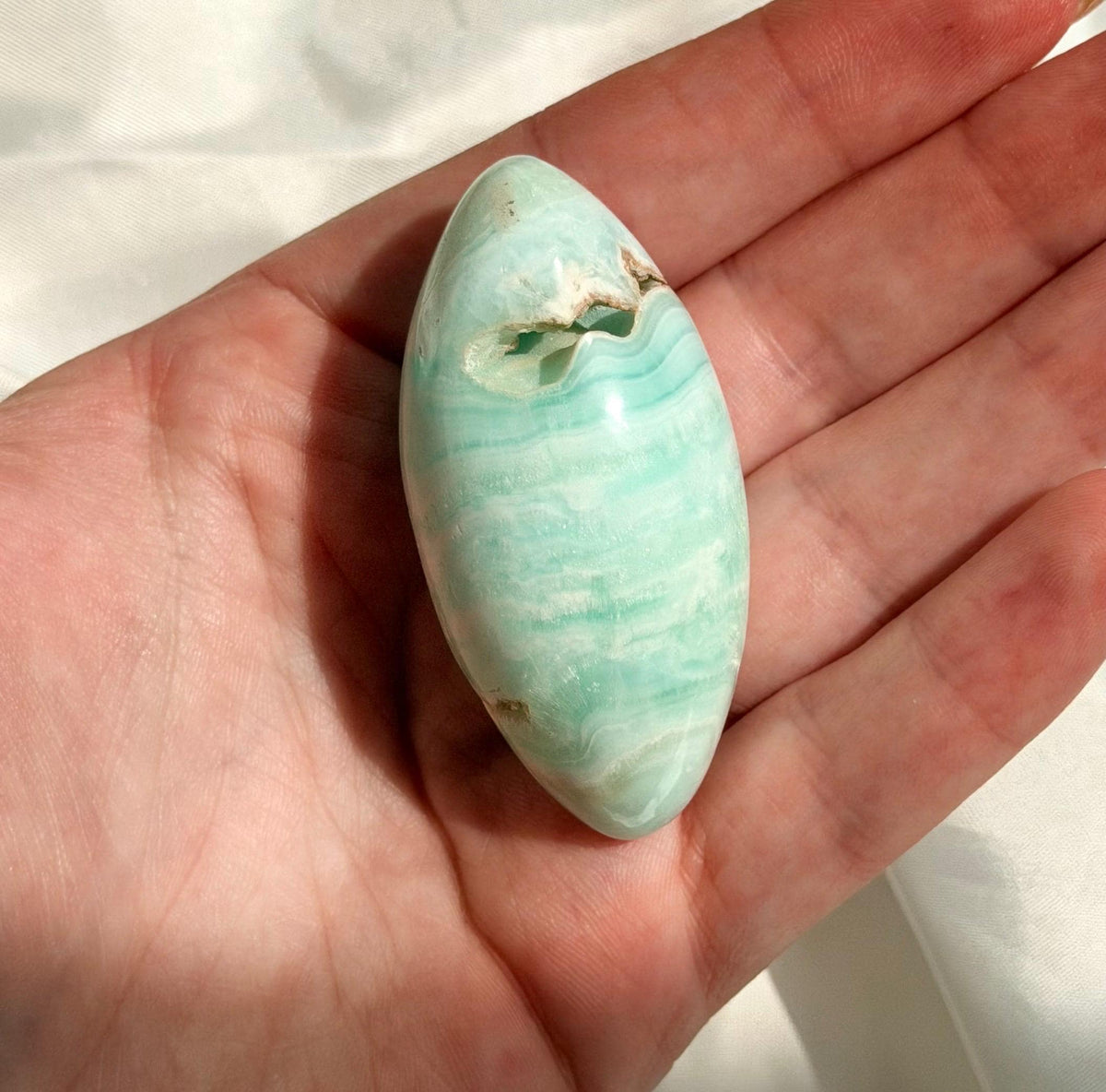 Caribbean Calcite Palm Stone | Caribbean Calcite Egg | Polished Egg Stone | Worry Stone | Blue Calcite Lingham