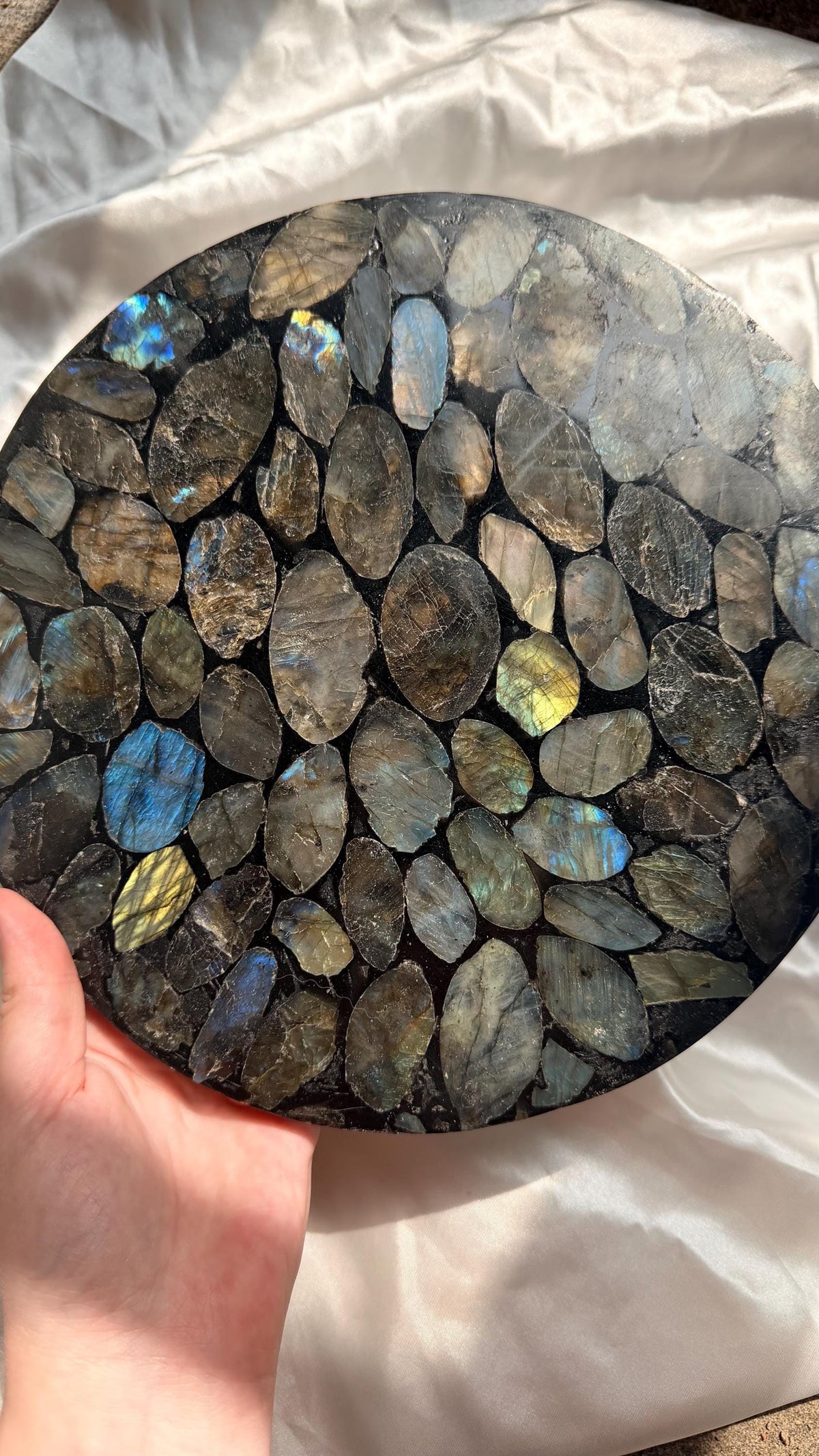 Natural Labradorite Mosaic Tray | Gemstone Inlay Plate Crystal Catchall Dish | Labradorite Stone Decor, Decorative Display Tray
