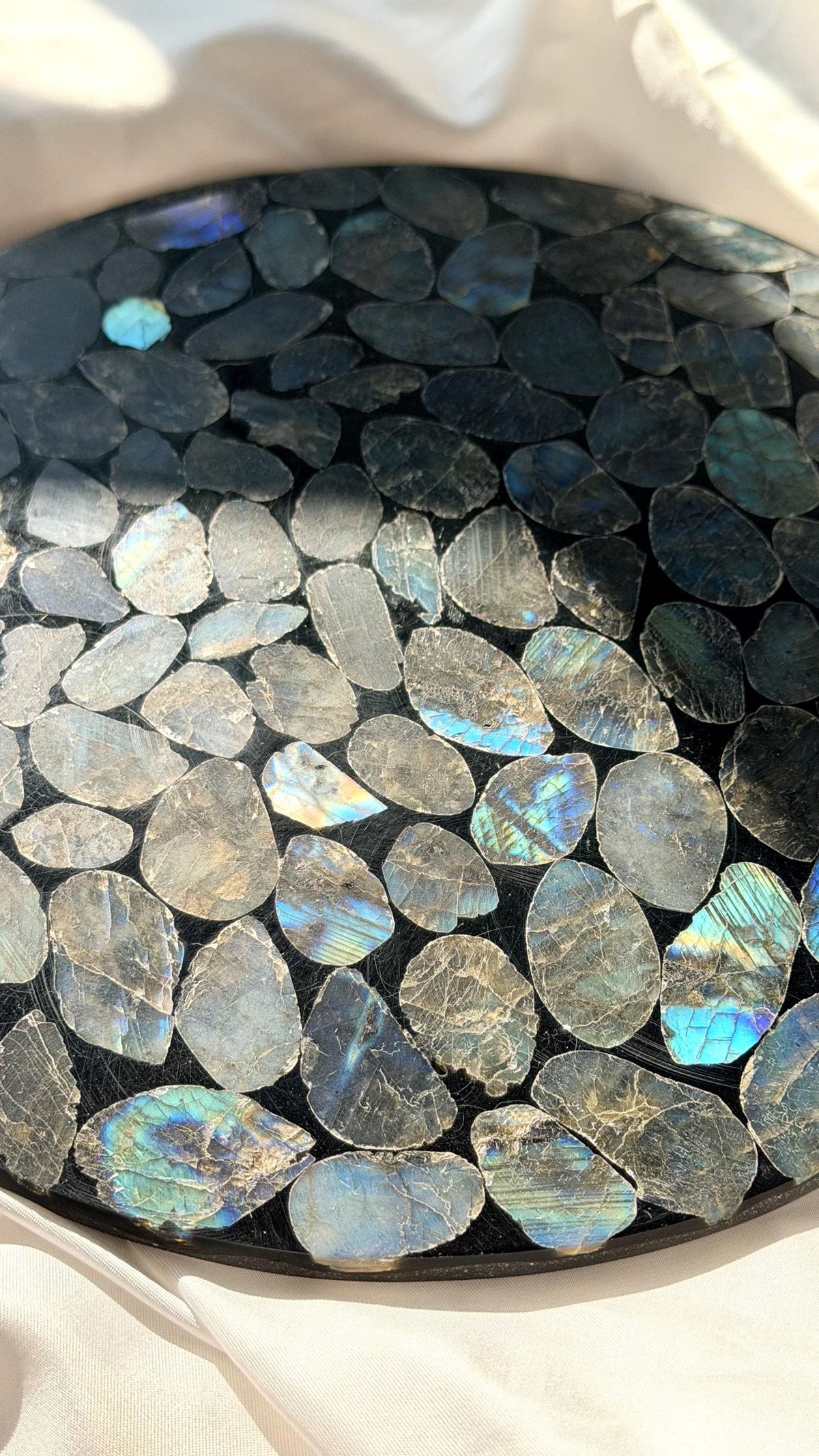 Natural Labradorite Mosaic Tray | Gemstone Inlay Plate Crystal Catchall Dish | Labradorite Stone Decor, Decorative Display Tray