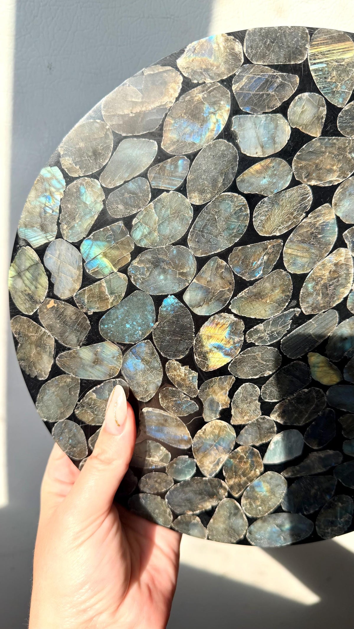 Natural Labradorite Mosaic Tray | Gemstone Inlay Plate Crystal Catchall Dish | Labradorite Stone Decor, Decorative Display Tray