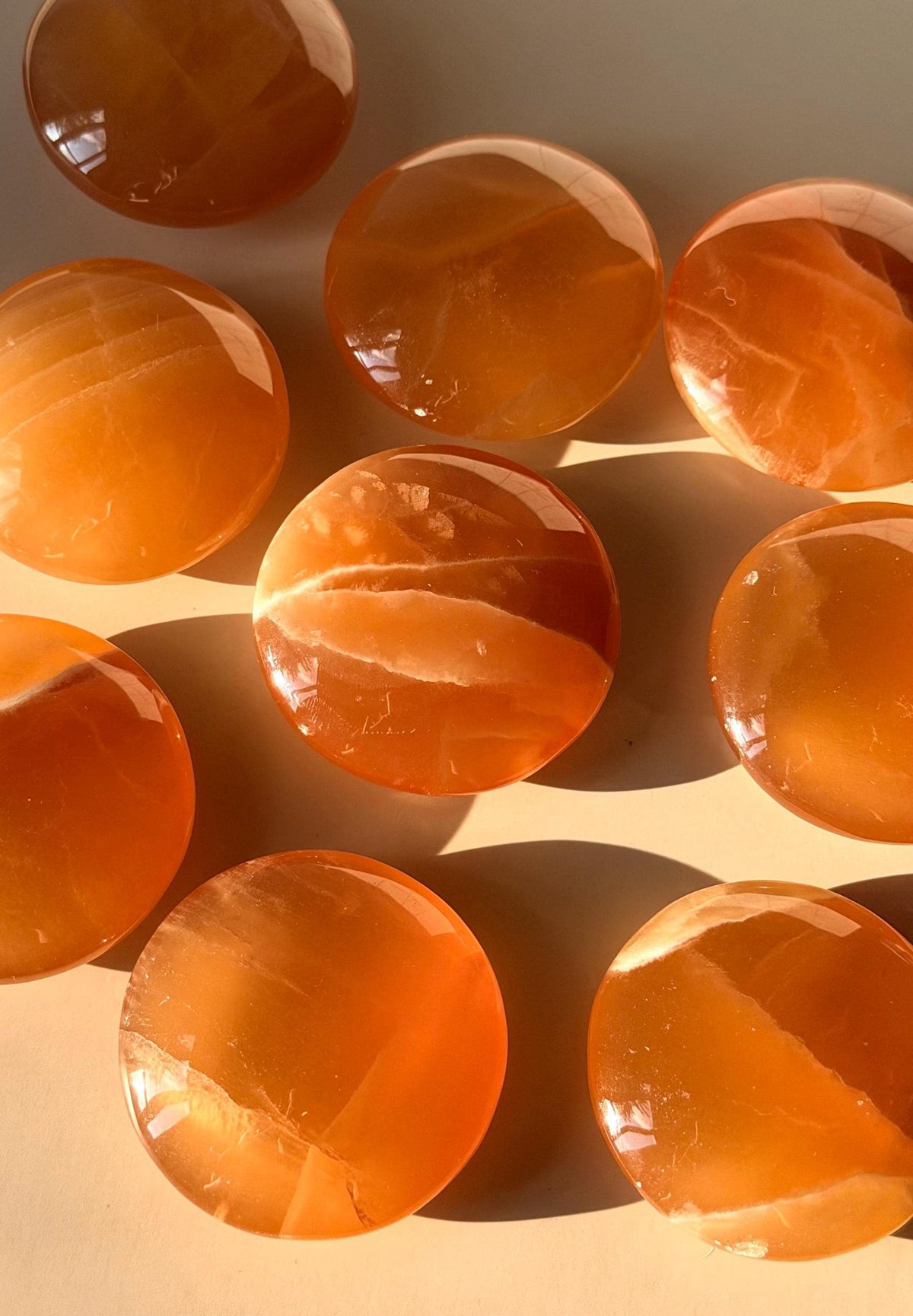 High Quality Honey Calcite Coins from Pakistan | Polished Honey Calcite Palm Stones | Honey Calcite Round Flat