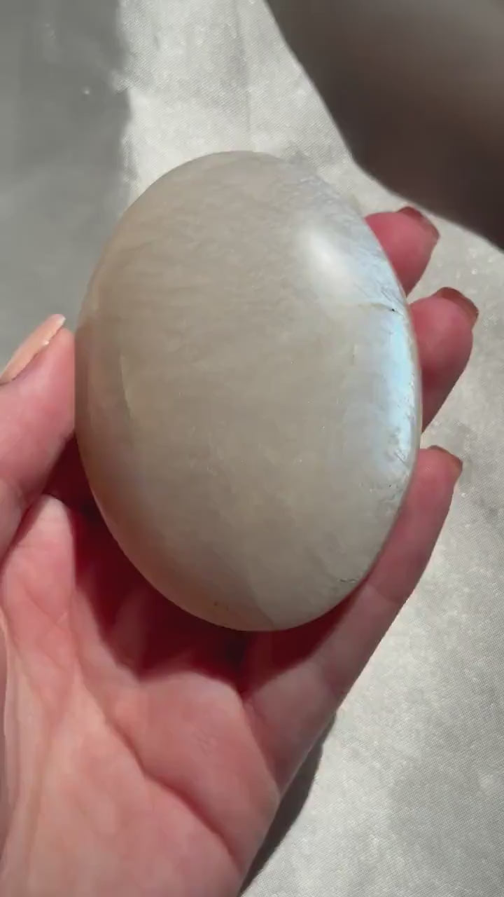 Stunning Moonstone Palm Stone with Blue Flash | Flashy White Moonstone Worry Stone