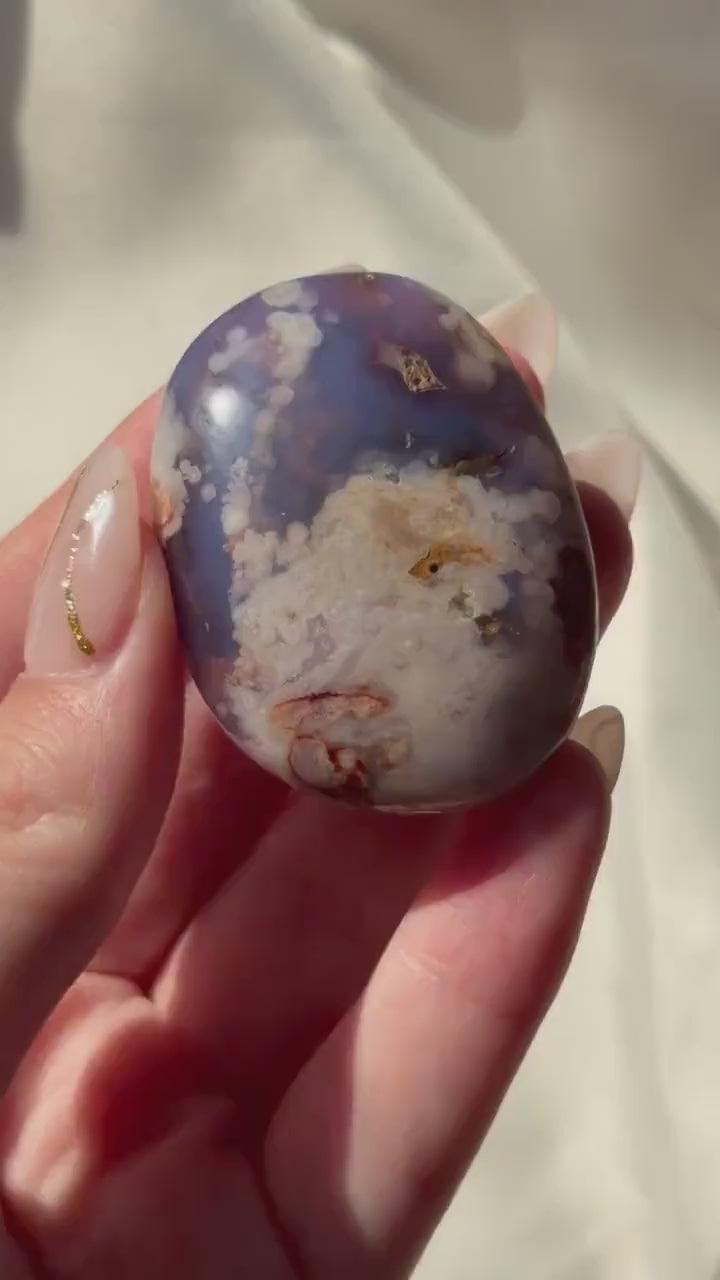 Blue Flower Agate Palm Stone | Natural Blue Flower Agate Crystal | Healing Crystal for Calm & Growth | Meditation Worry Stone