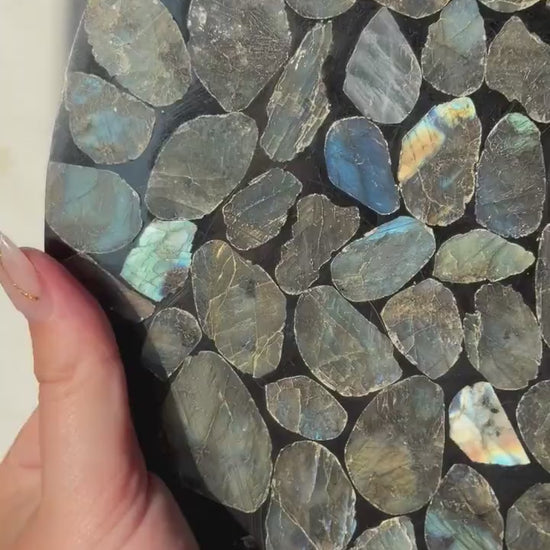 Natural Labradorite Mosaic Tray | Gemstone Inlay Plate Crystal Catchall Dish | Labradorite Stone Decor, Decorative Display Tray