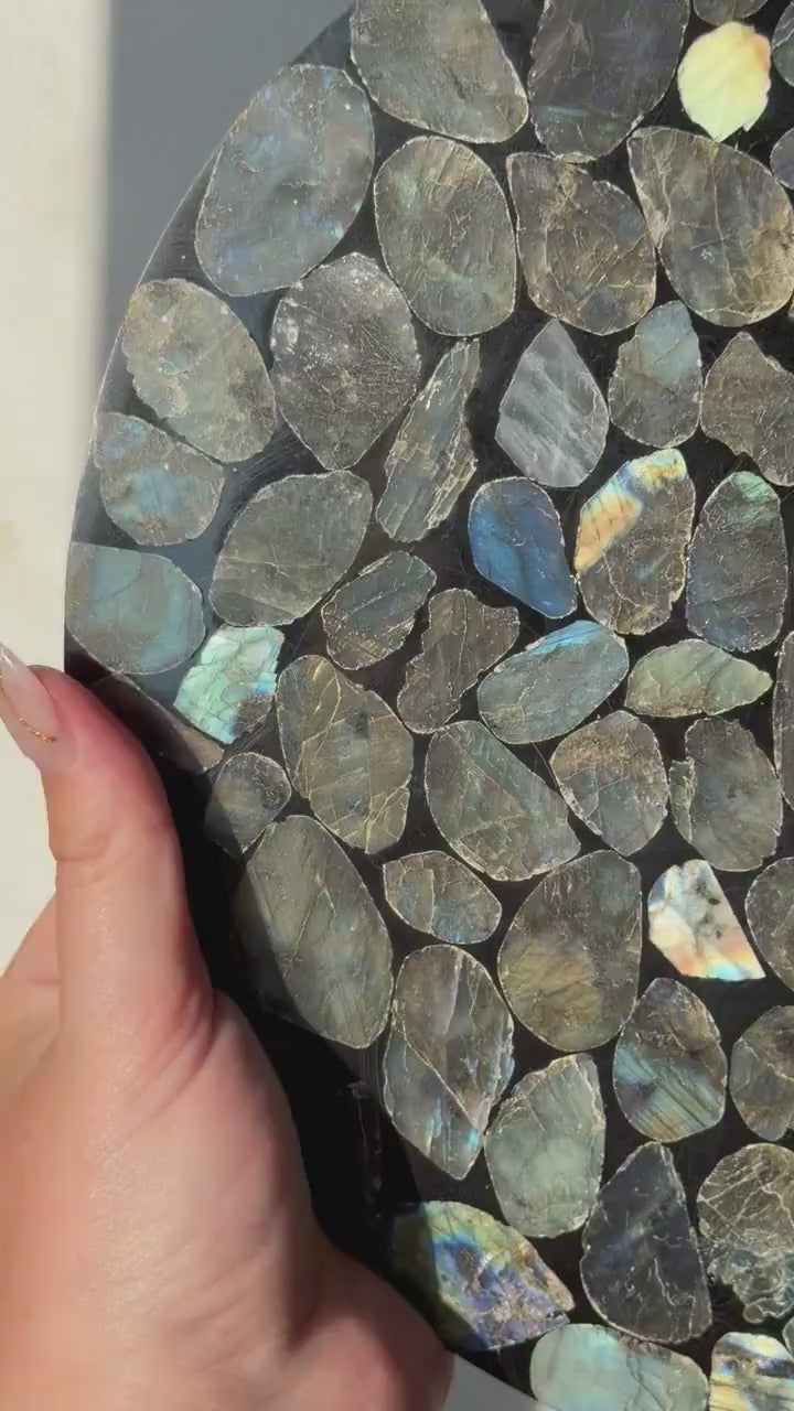 Natural Labradorite Mosaic Tray | Gemstone Inlay Plate Crystal Catchall Dish | Labradorite Stone Decor, Decorative Display Tray