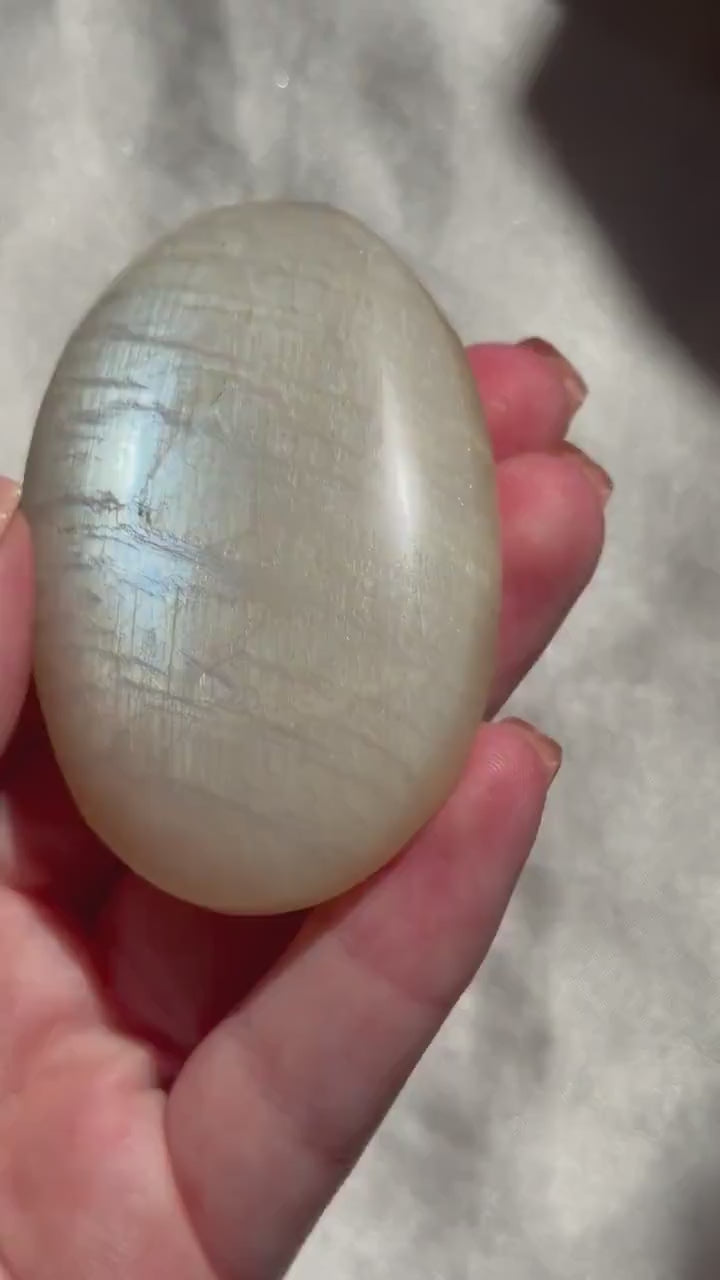 Stunning Moonstone Palm Stone with Blue Flash | Flashy White Moonstone Worry Stone