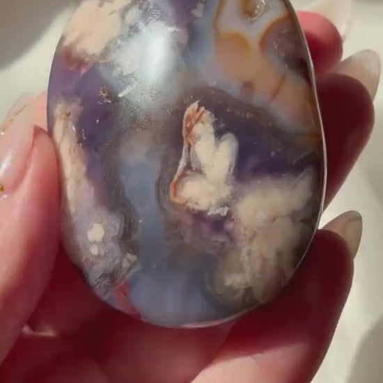 Blue Flower Agate Palm Stone | Natural Blue Flower Agate Crystal | Healing Crystal for Calm & Growth | Meditation Worry Stone