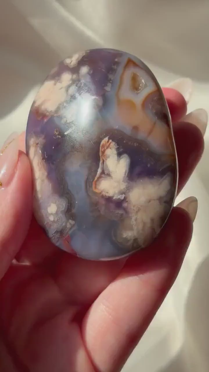 Blue Flower Agate Palm Stone | Natural Blue Flower Agate Crystal | Healing Crystal for Calm & Growth | Meditation Worry Stone