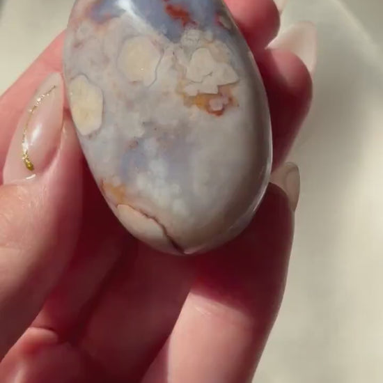 Blue Flower Agate Palm Stone | Natural Blue Flower Agate Crystal | Healing Crystal for Calm & Growth | Meditation Worry Stone