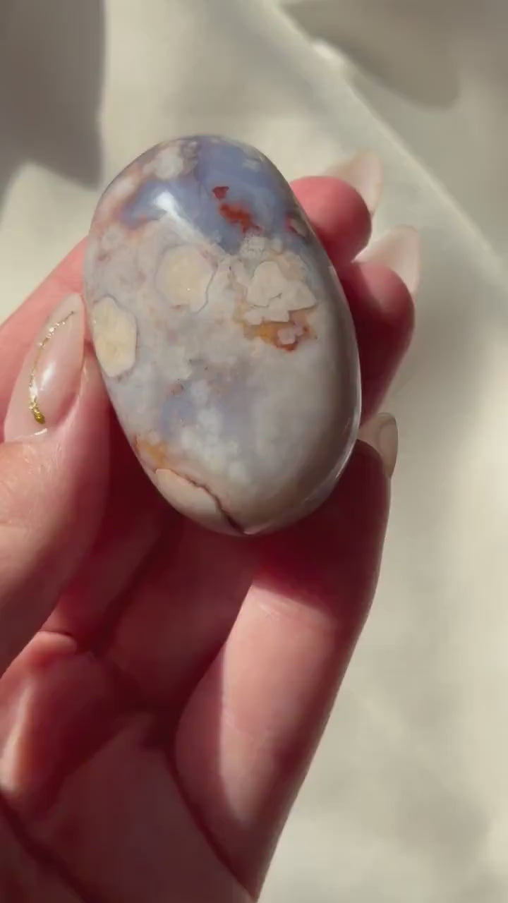 Blue Flower Agate Palm Stone | Natural Blue Flower Agate Crystal | Healing Crystal for Calm & Growth | Meditation Worry Stone
