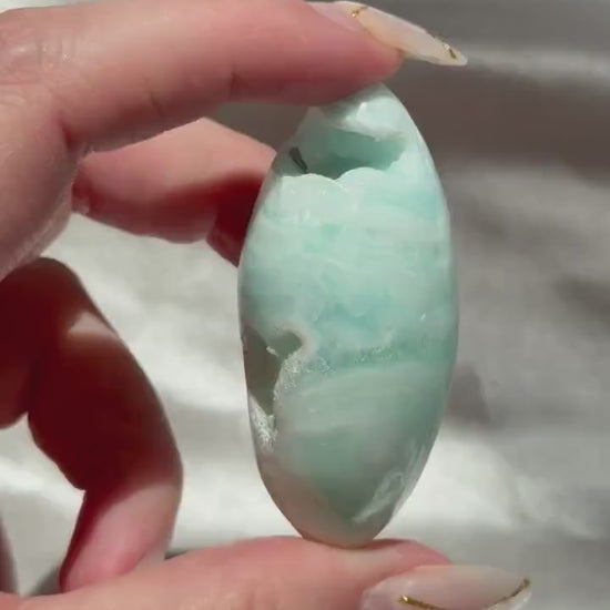 Caribbean Calcite Palm Stone | Caribbean Calcite Egg | Polished Egg Stone | Worry Stone | Blue Calcite Lingham
