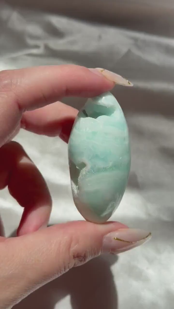 Caribbean Calcite Palm Stone | Caribbean Calcite Egg | Polished Egg Stone | Worry Stone | Blue Calcite Lingham