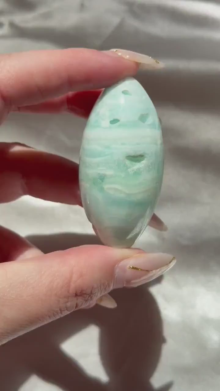 Caribbean Calcite Palm Stone | Caribbean Calcite Egg | Polished Egg Stone | Worry Stone | Blue Calcite Lingham