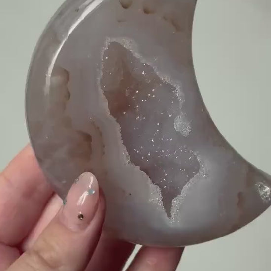 Stunning Druzy Agate Moon with Stand | Sugar Druzy Agate Crescent Moon Carving with Display Stand