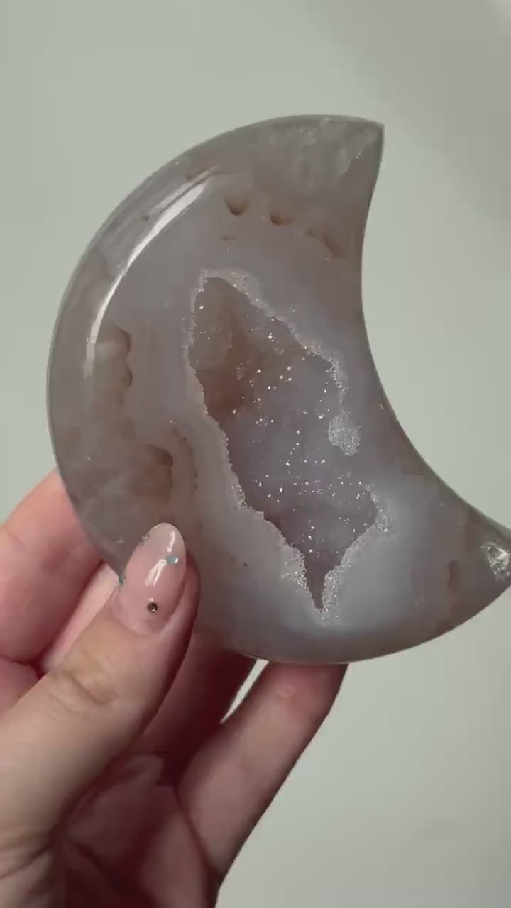 Stunning Druzy Agate Moon with Stand | Sugar Druzy Agate Crescent Moon Carving with Display Stand