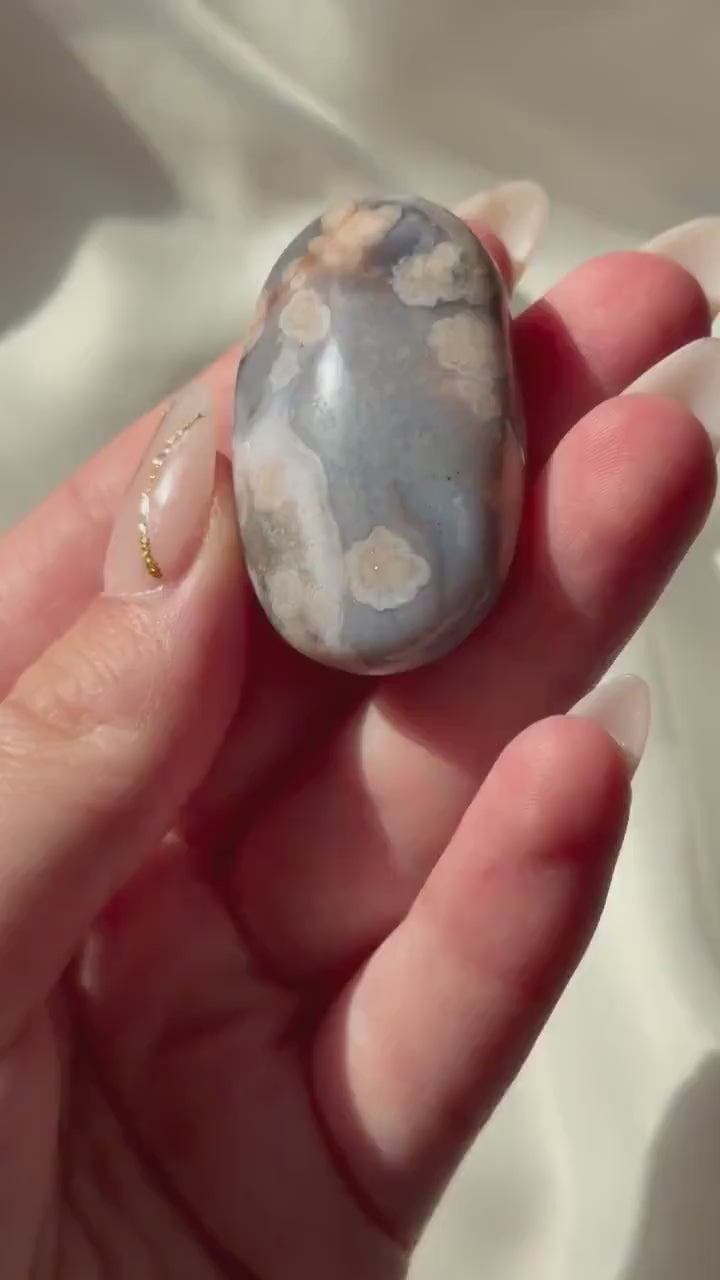 Blue Flower Agate Palm Stone | Natural Blue Flower Agate Crystal | Healing Crystal for Calm & Growth | Meditation Worry Stone