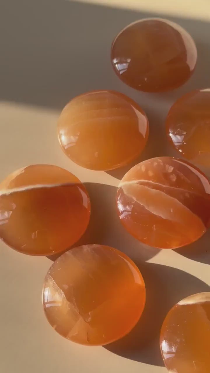 High Quality Honey Calcite Coins from Pakistan | Polished Honey Calcite Palm Stones | Honey Calcite Round Flat