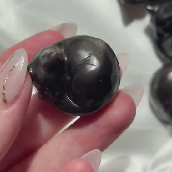 One (1) Silver Sheen Obsidian Sleeping Cat Carving | Obsidian Cat | Black Obsidian Feline