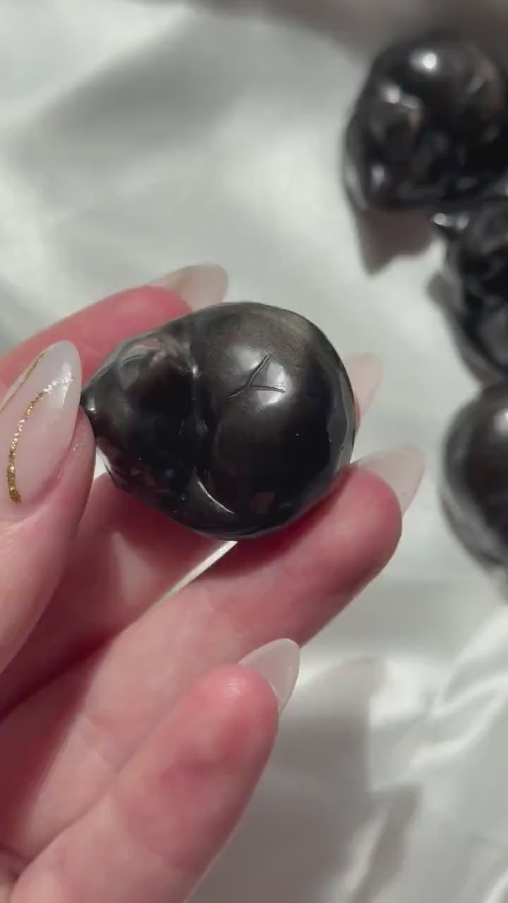 One (1) Silver Sheen Obsidian Sleeping Cat Carving | Obsidian Cat | Black Obsidian Feline
