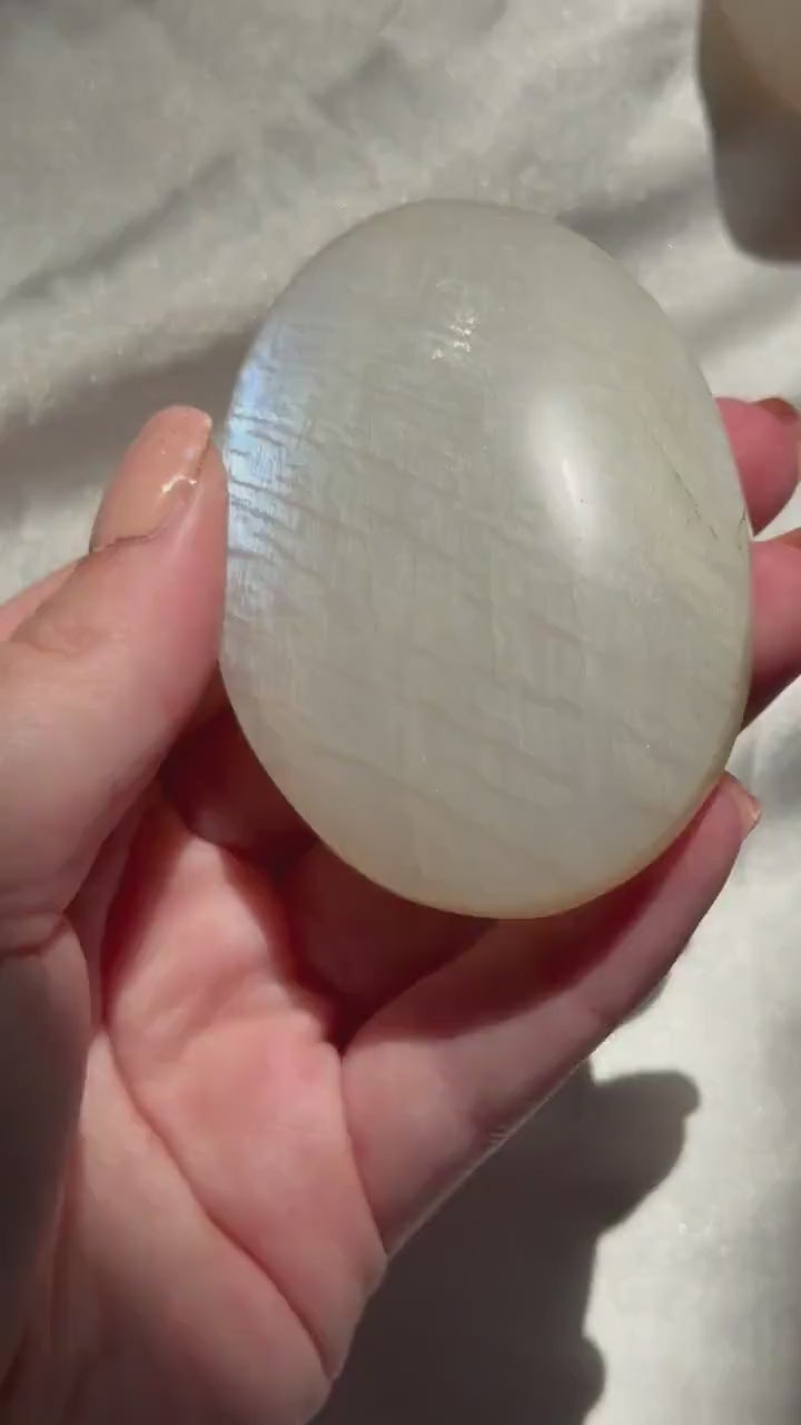 Stunning Moonstone Palm Stone with Blue Flash | Flashy White Moonstone Worry Stone