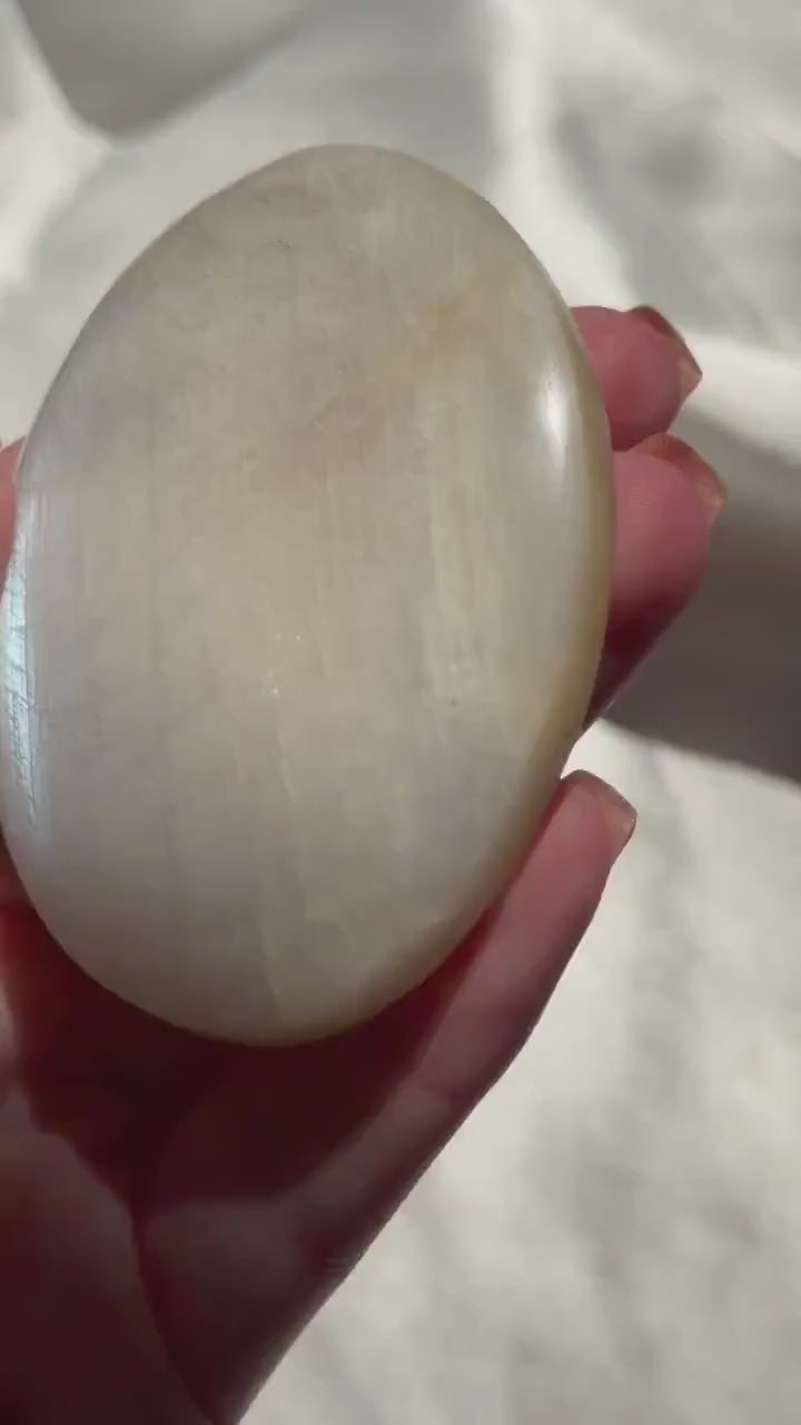 Stunning Moonstone Palm Stone with Blue Flash | Flashy White Moonstone Worry Stone