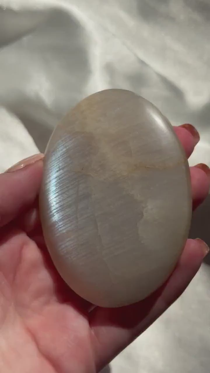 Stunning Moonstone Palm Stone with Blue Flash | Flashy White Moonstone Worry Stone